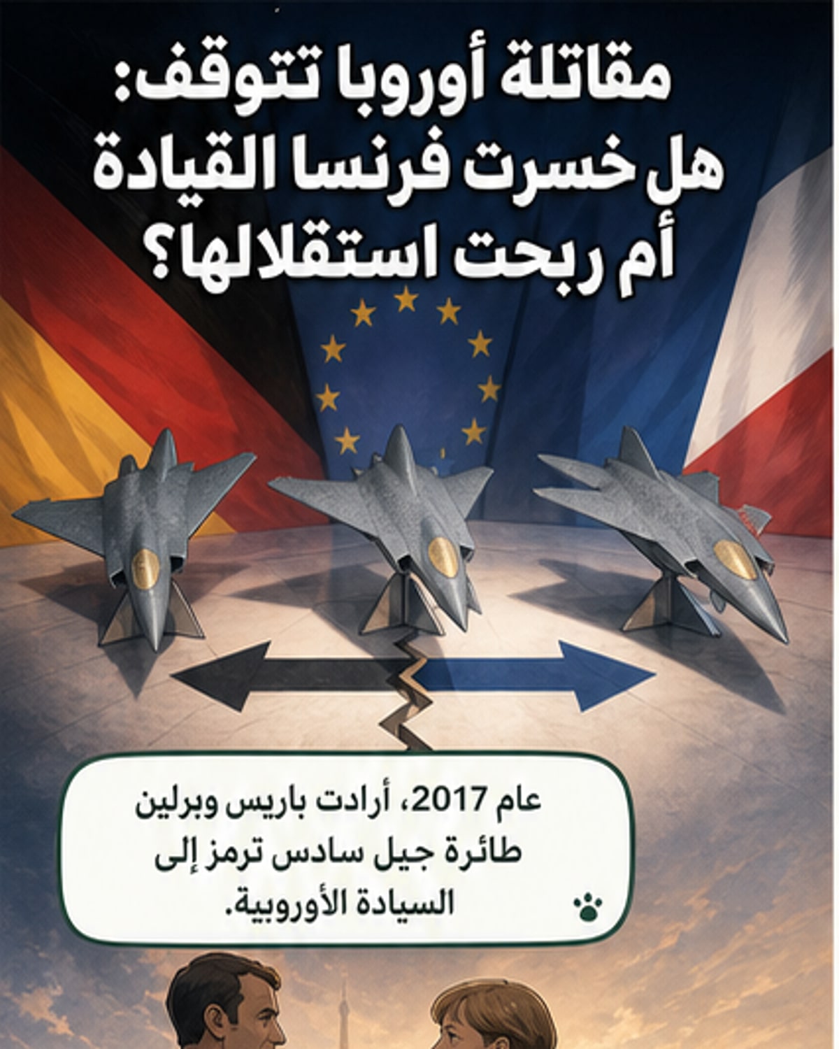 رسم توضيحي يظهر طائرة مقاتلة من الجيل السادس محطمة فوق خريطة أوروبا، مع رموز فرنسية وألمانية على جانبي الحطام، وسهم يشير إلى مشروع منفصل في السويد وآخر في بريطانيا.
