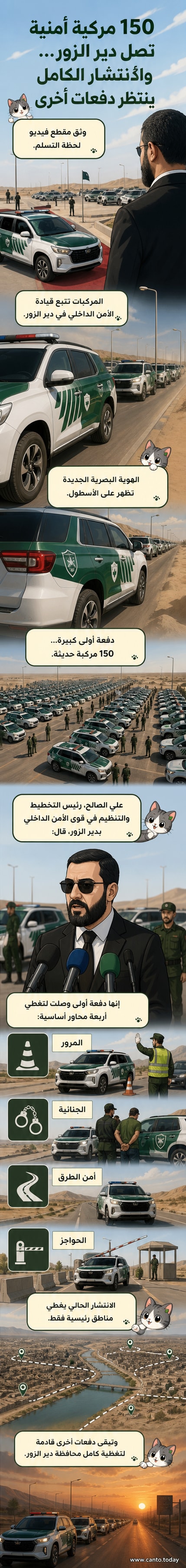 مقطع فيديو يوثق وصول أسطول من المركبات الأمنية الحديثة لقوى الأمن الداخلي في دير الزور، سوريا، بالهوية البصرية الجديدة.