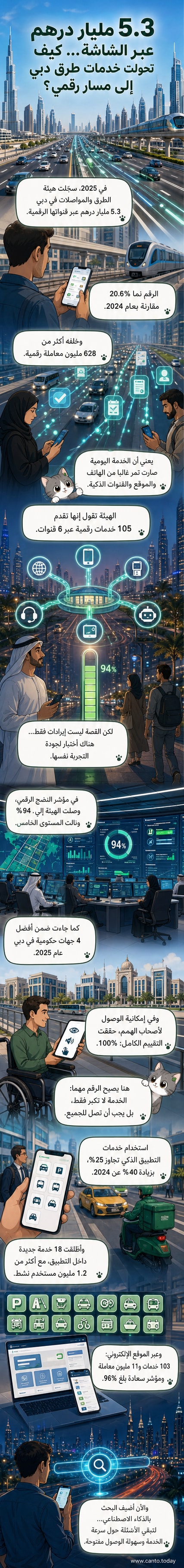 رسم توضيحي يظهر شاشات رقمية لخدمات هيئة الطرق والمواصلات في دبي، مع أرقام تُظهر نمو الإيرادات والمعاملات في 2025