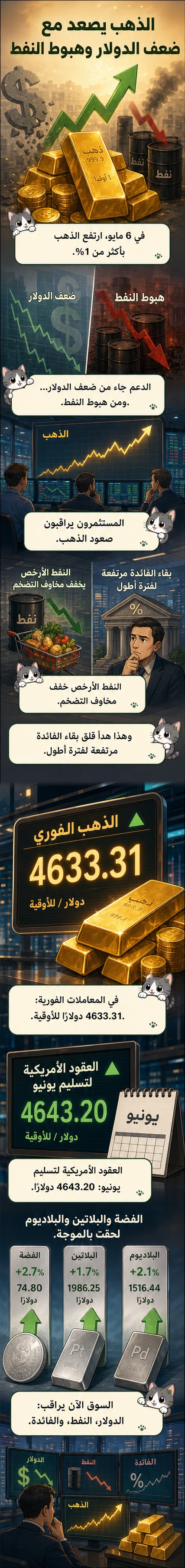 رسم بياني يوضح ارتفاع أسعار الذهب، الفضة، البلاتين، والبلاديوم في جلسة التداول اليوم، مع خلفية تُظهر شعار الدولار والنفط.