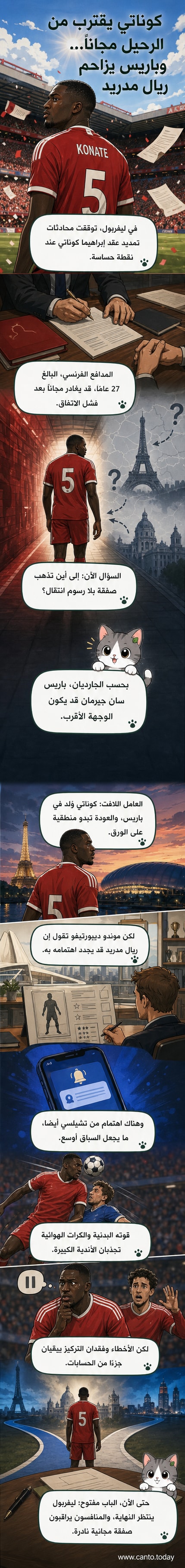 رسم كاريكاتيري لمدافع يرتدي قميص ليفربول ووجهان خلفه: واحد بقميص ريال مدريد وآخر بقميص باريس سان جيرمان، في إشارة إلى صراع الناديين على ضمه.