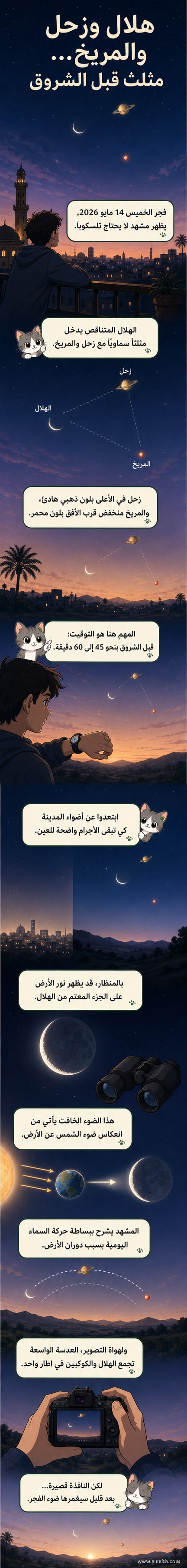 رسم توضيحي لسماء فجرية تظهر هلالًا رقيقًا محاطًا بكوكبي زحل والمريخ، مشكلين مثلثًا سماويًا فوق الأفق الشرقي.