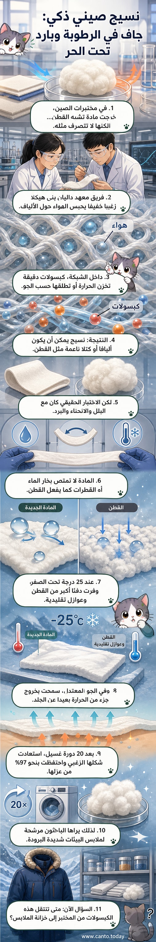 عينة من النسيج الذكي الجديد تشبه القطن، إلى جانب قماش مسطح، في تجربة مخبرية صينية