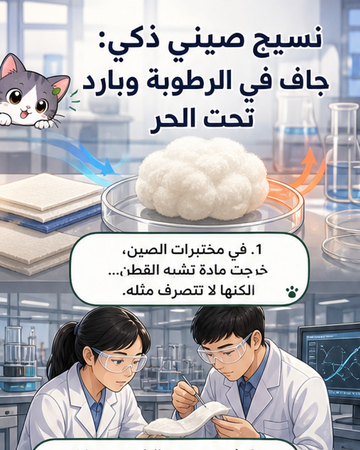 عينة من النسيج الذكي الجديد تشبه القطن، إلى جانب قماش مسطح، في تجربة مخبرية صينية