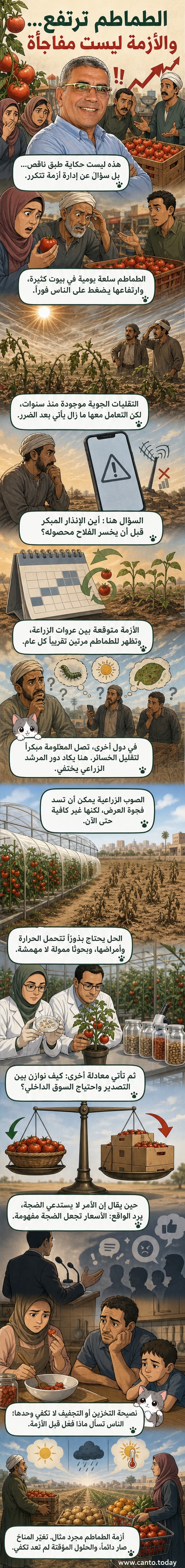 رسم توضيحي لحقل طماطم تحت سماء ملبدة بالغيوم مع مؤشرات على تغيرات مناخية مفاجئة، وبيوت بلاستيكية (صوب) في الخلفية تمثل الحل البديل.