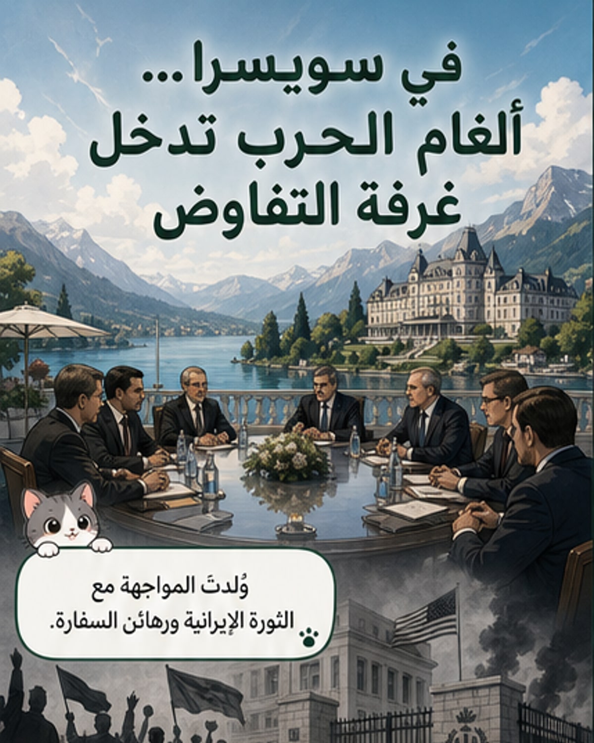 رسم توضيحي لاجتماع سري في منتجع سويسري، حيث يجلس وفد إيراني وآخر أمريكي على طاولة مفاوضات بجوار نافذة تطل على الجبال، بينما تطفو ظلال صواريخ وسفن حربية خارج النافذة.