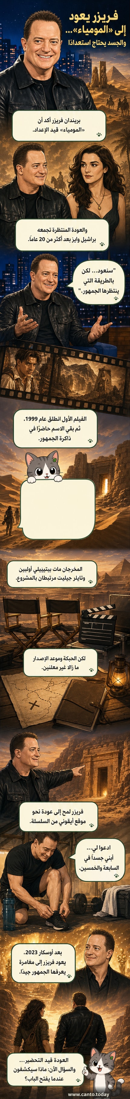 بريندان فريزر في لقطة دعائية، يبتسم وهو يرتدي ملابس استكشاف صحراوية، مع خلفية أطلال أثرية تشير إلى عالم 'المومياء'