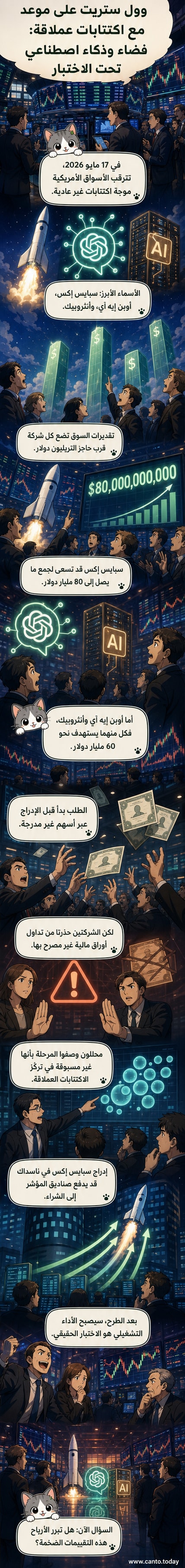 رسم توضيحي لثلاث شركات تكنولوجية كبرى تطفو فوق بورصة وول ستريت، مع أعلام مكتوب عليها سبيس إكس، أوبن إيه آي، وأنثروبيك، وخلفية تضم نجوماً ودوائر بيانات تمثل الذكاء الاصطناعي والفضاء.