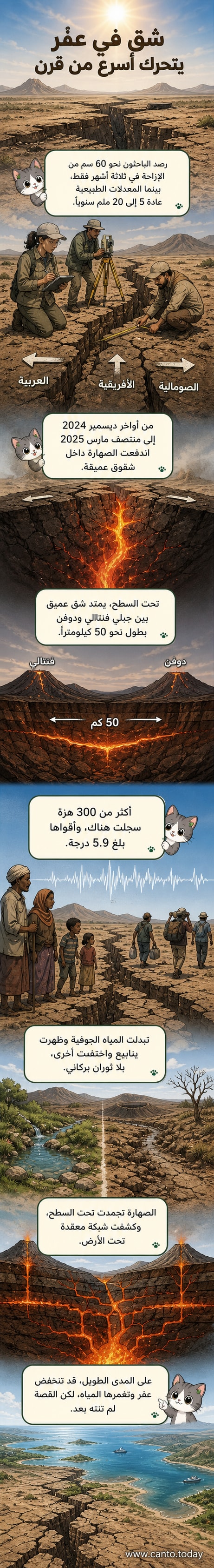 رسم توضيحي يظهر تمزقًا في القشرة الأرضية بمنطقة عفر في إثيوبيا، مع اندفاع الصهارة تحت السطح وانفصال الصفائح التكتونية.
