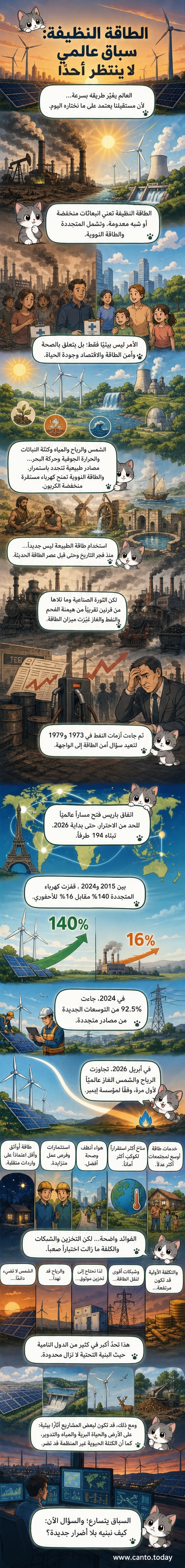 رسم توضيحي يظهر توربينات رياح وخلايا شمسية تحيط بكوكب الأرض، مع رسم بياني يوضح تجاوز الطاقة المتجددة للغاز الطبيعي في إنتاج الكهرباء.