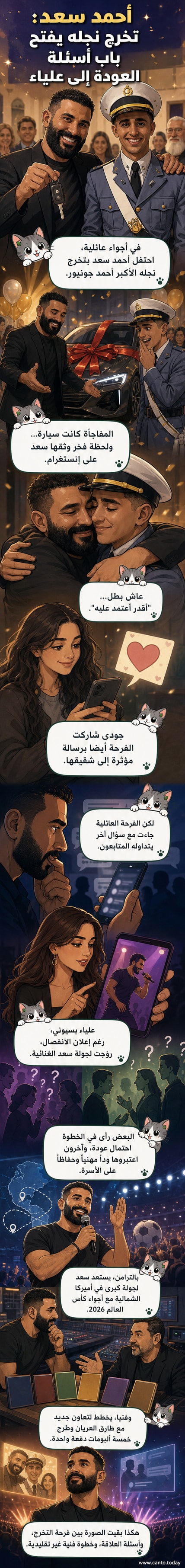 صورة من حفل تخرج نجل أحمد سعد، حيث يقف الأب والابن بجانب سيارة هدية، مع تعابير فرح واضحة على وجوههما.
