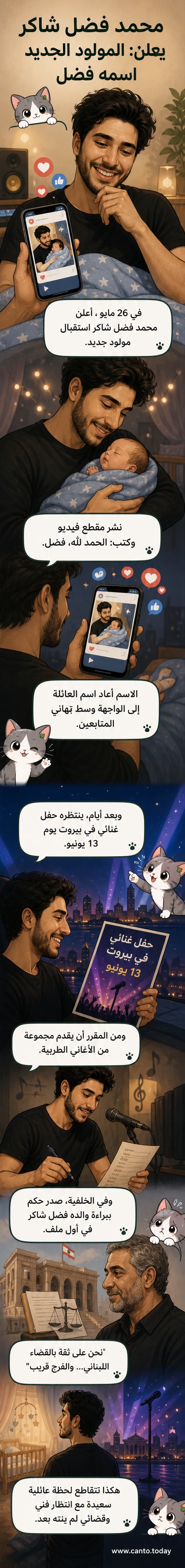 صورة منشور على إنستجرام للفنان محمد فضل شاكر يُعلن فيه عن مولوده الجديد باسم 'فضل'، مع خلفية زرقاء وعناصر زينة احتفالية.