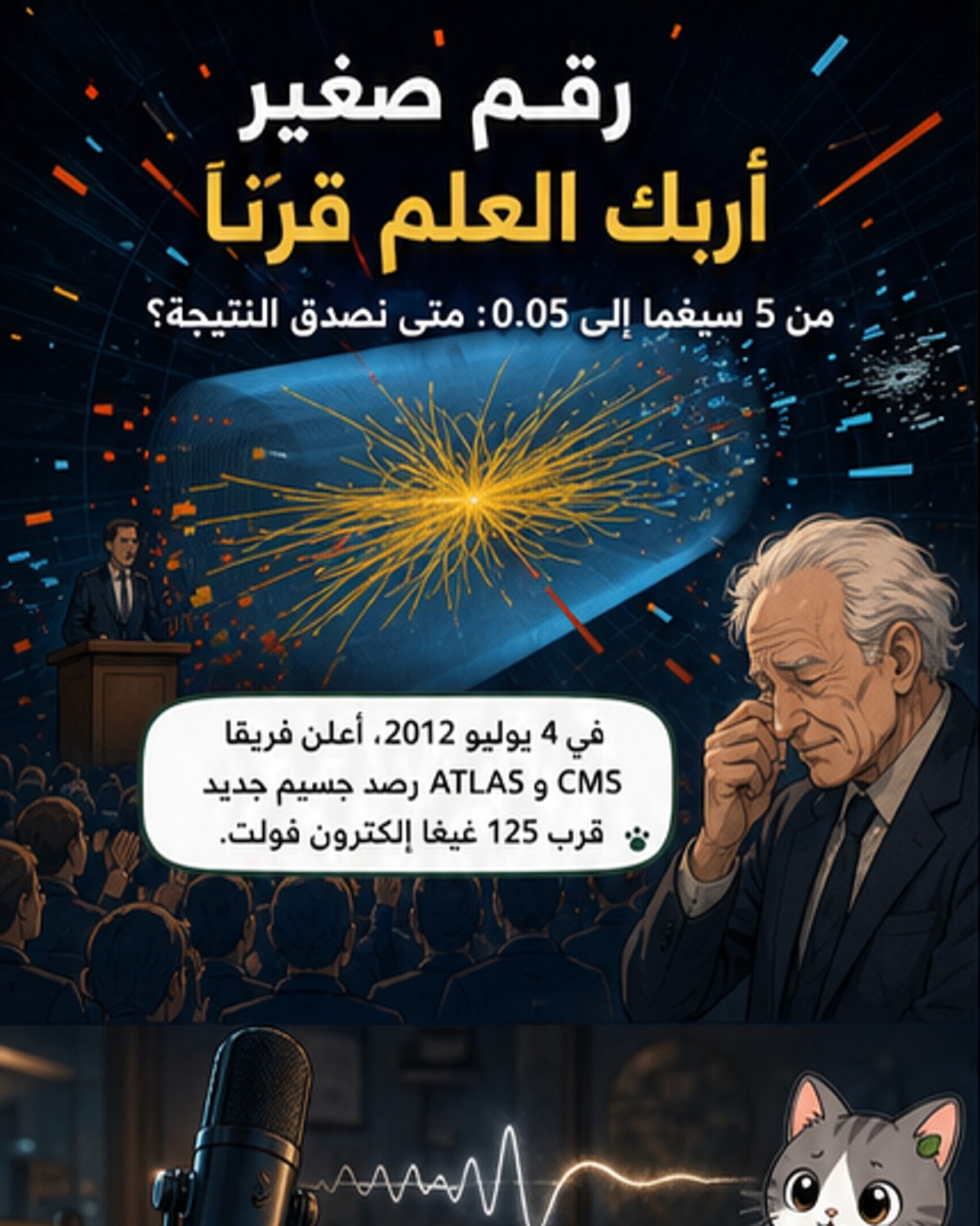 رسم توضيحي يظهر منصة في سيرن مع علماء يعلنون اكتشاف جسيم هيغز، وخلفهم رسم بياني يوضح معيار 5 سيغما، مع أيقونات تمثل الإحصاء والتجارب العلمية.