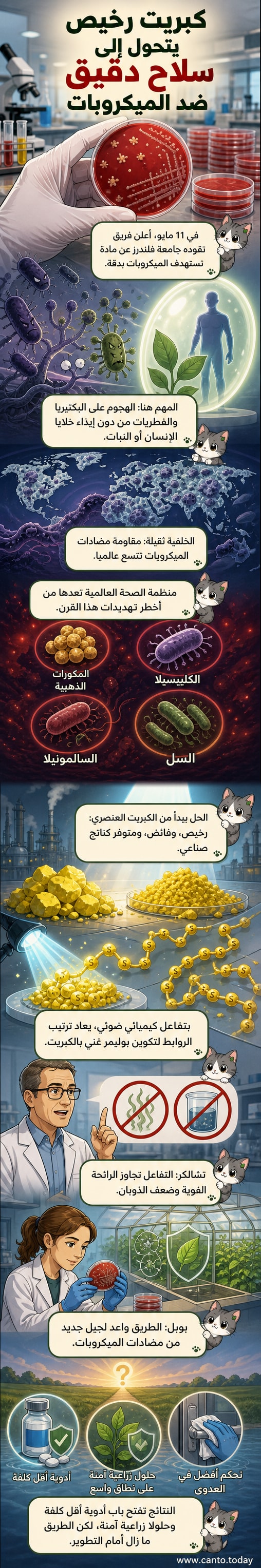 رسم توضيحي يُظهر جزيئات بوليمر غني بالكبريت تستهدف خلايا بكتيرية بدقة، بينما تبقى الخلايا البشرية سليمة في الخلفية.