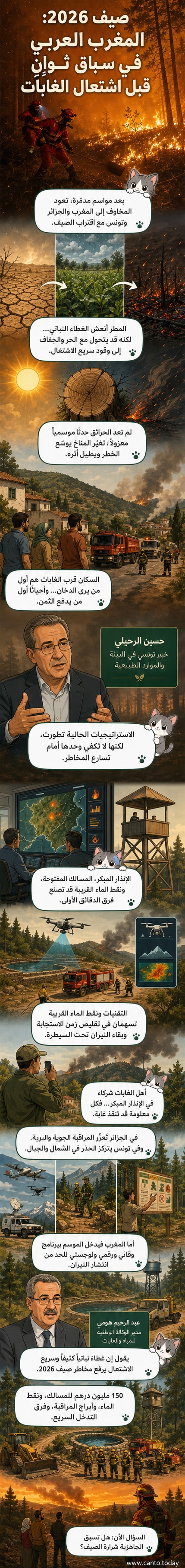 رسم توضيحي لغابة في المغرب العربي مع أبراج مراقبة وطائرات إطفاء في السماء، ودرجات حرارة مرتفعة، في إشارة إلى الاستعدادات لموسم حرائق 2026