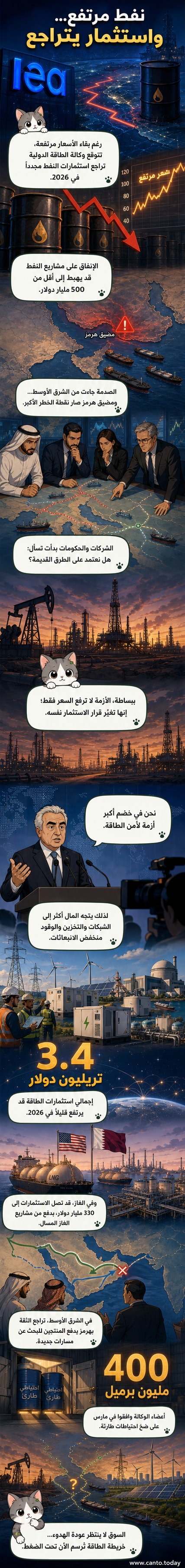 رسم توضيحي يظهر منحنيات تنازلية للاستثمار في النفط، وصعودية للطاقة المتجددة والغاز، مع خريطة تُبرز مضيق هرمز كنقطة اختناق جيوسياسي.