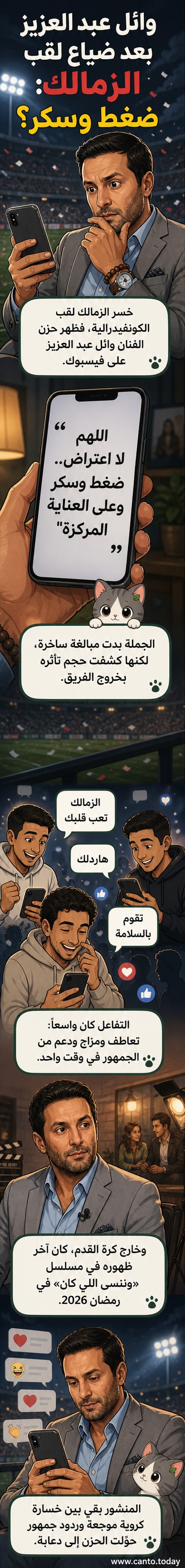 رسم كاريكاتيري للفنان وائل عبد العزيز مستلقيًا على سرير في مستشفى بجانب شعار نادي الزمالك، مع علامة ضغط دم مرتفع وعبارة 'على العناية المركزة' مكتوبة على الحائط.