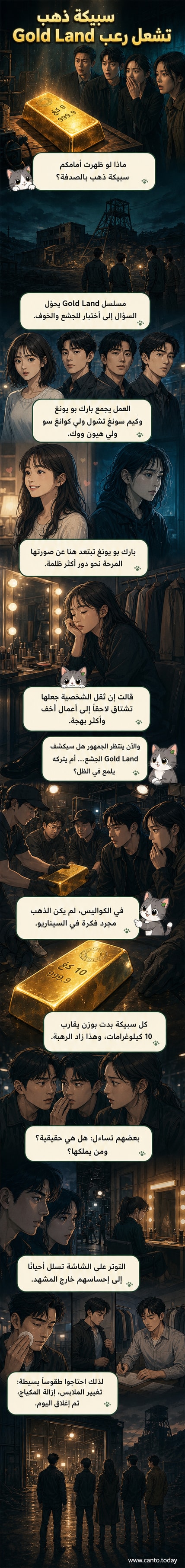لقطة من كواليس مسلسل 'أرض الذهب' تظهر الممثلين وهم يقفون حول سبيكة ذهبية ضخمة، ووجوههم تعكس الدهشة والتوتر.