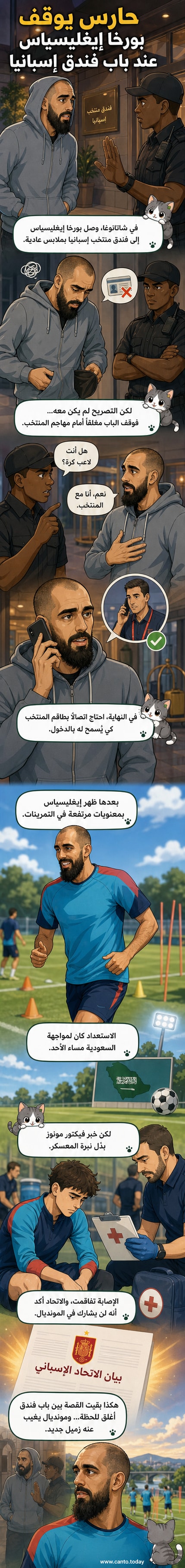 لاعب كرة قدم يقف عند مدخل فندق، وحارس أمن يمنعه من الدخول، في مشهد يعكس سوء تفاهم أمني مع نجم منتخب إسبانيا.