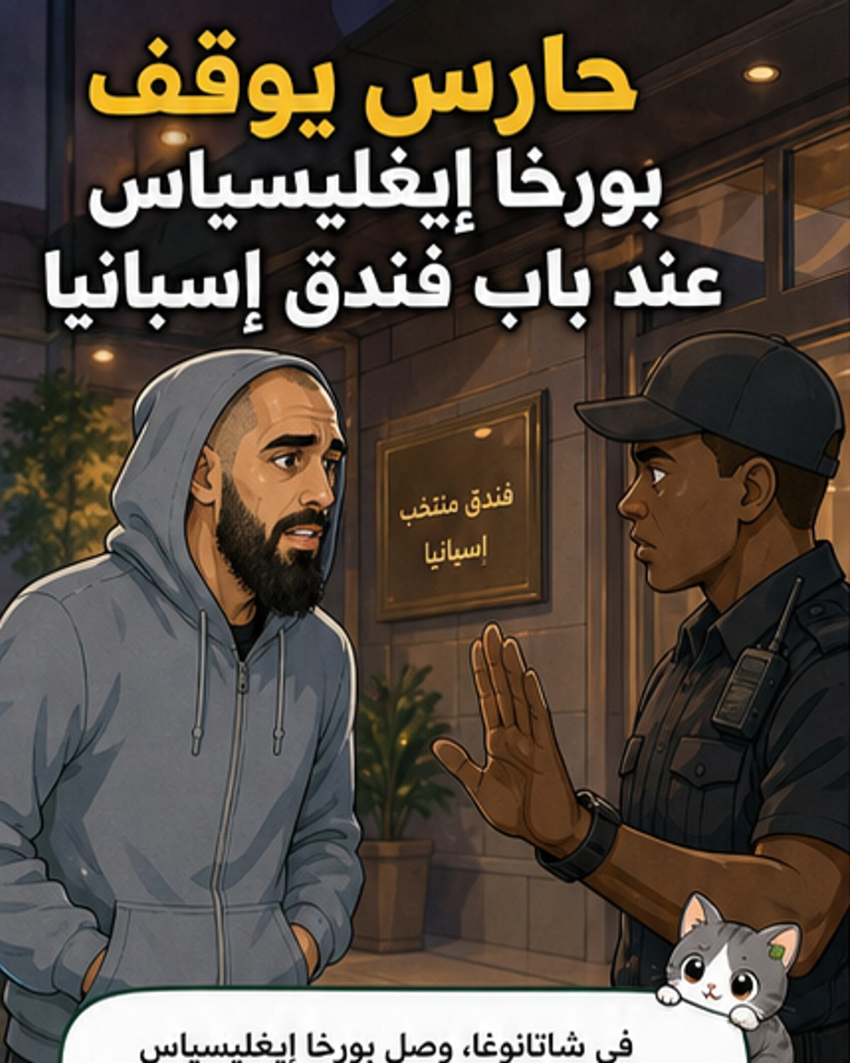 لاعب كرة قدم يقف عند مدخل فندق، وحارس أمن يمنعه من الدخول، في مشهد يعكس سوء تفاهم أمني مع نجم منتخب إسبانيا.