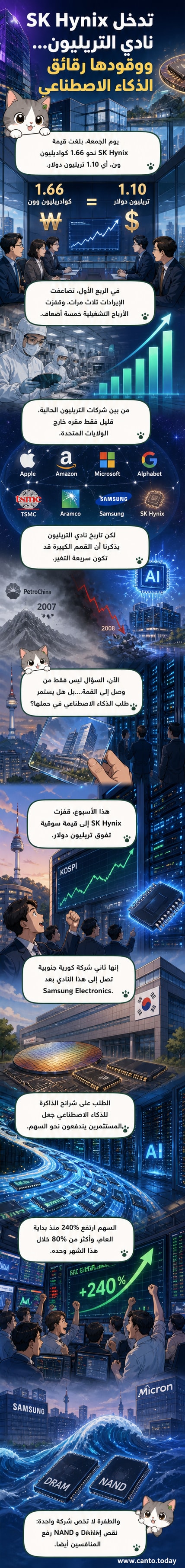 رسم توضيحي يظهر شعار شركة SK Hynix بجانب رمز دولار ضخم، في خلفية تضم رقائق إلكترونية وخطوط بيانية صاعدة تعكس النمو في القيمة السوقية.