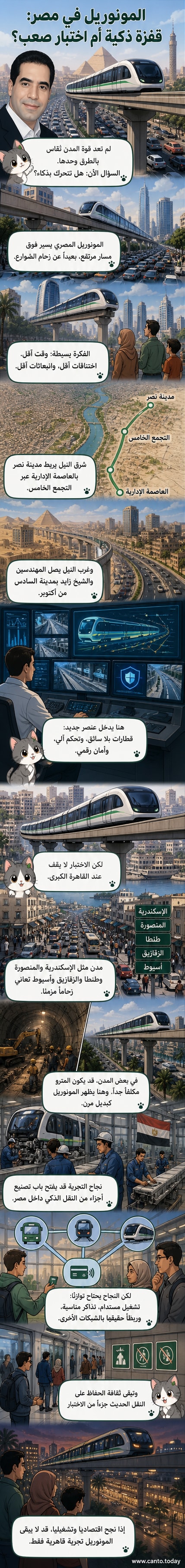 رسم توضيحي لقطار مونوريل مصري يسير فوق مسار مرتفع بين ناطحات السحاب، مع خلفية لمدينة جديدة وشمس مشرقة، يرمز إلى التحديث والتنقل الذكي.