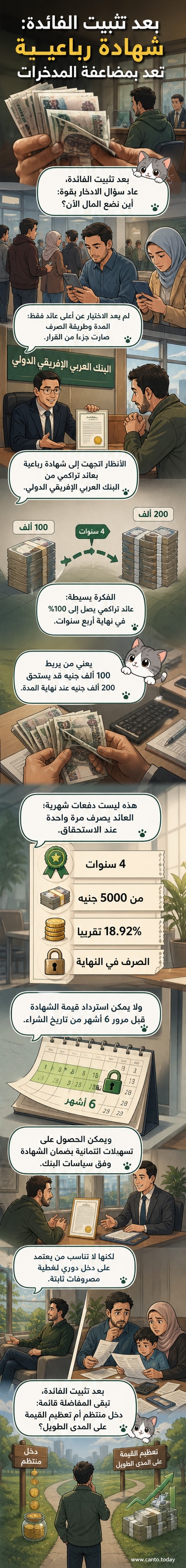 رسم توضيحي لشهادة ادخار بنكية تُضاعف المبلغ الأصلي خلال أربع سنوات، مع رمز عملة وخط تصاعدي يشير إلى النمو التراكمي.