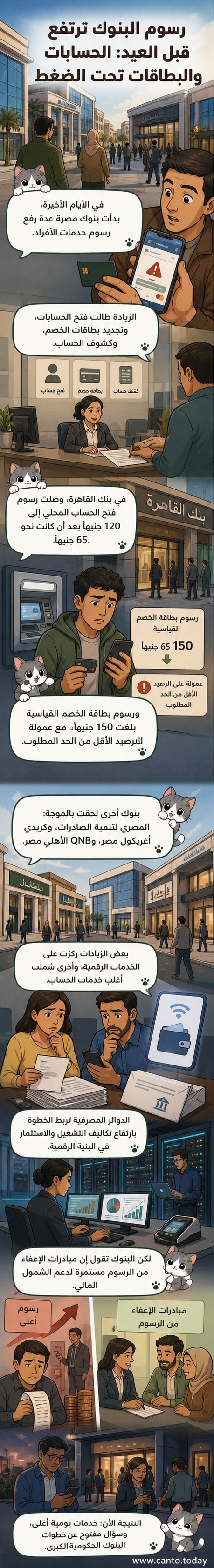 رسم توضيحي لشخص يفتح حساب بنكي بينما تظهر فواتير ورسوم متزايدة من حوله، مع خلفية تضم شعارات بنوك مصرية.