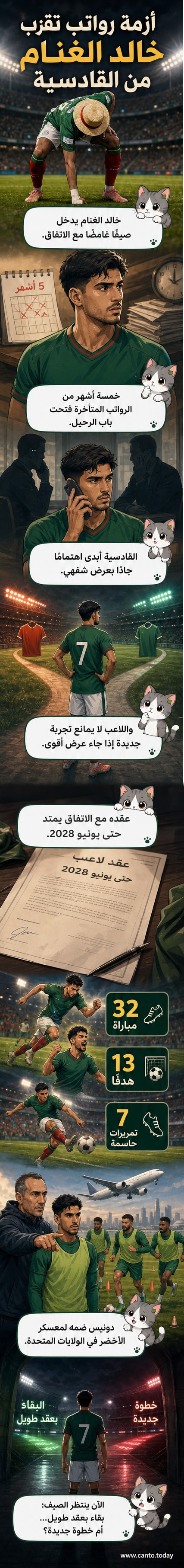 رسم كاريكاتيري للاعب كرة قدم سعودي يرتدي قميص الاتفاق، ووجهه حزين بينما يحمل فاتورة راتب غير مدفوع، وفي الخلفية شعار القادسية.