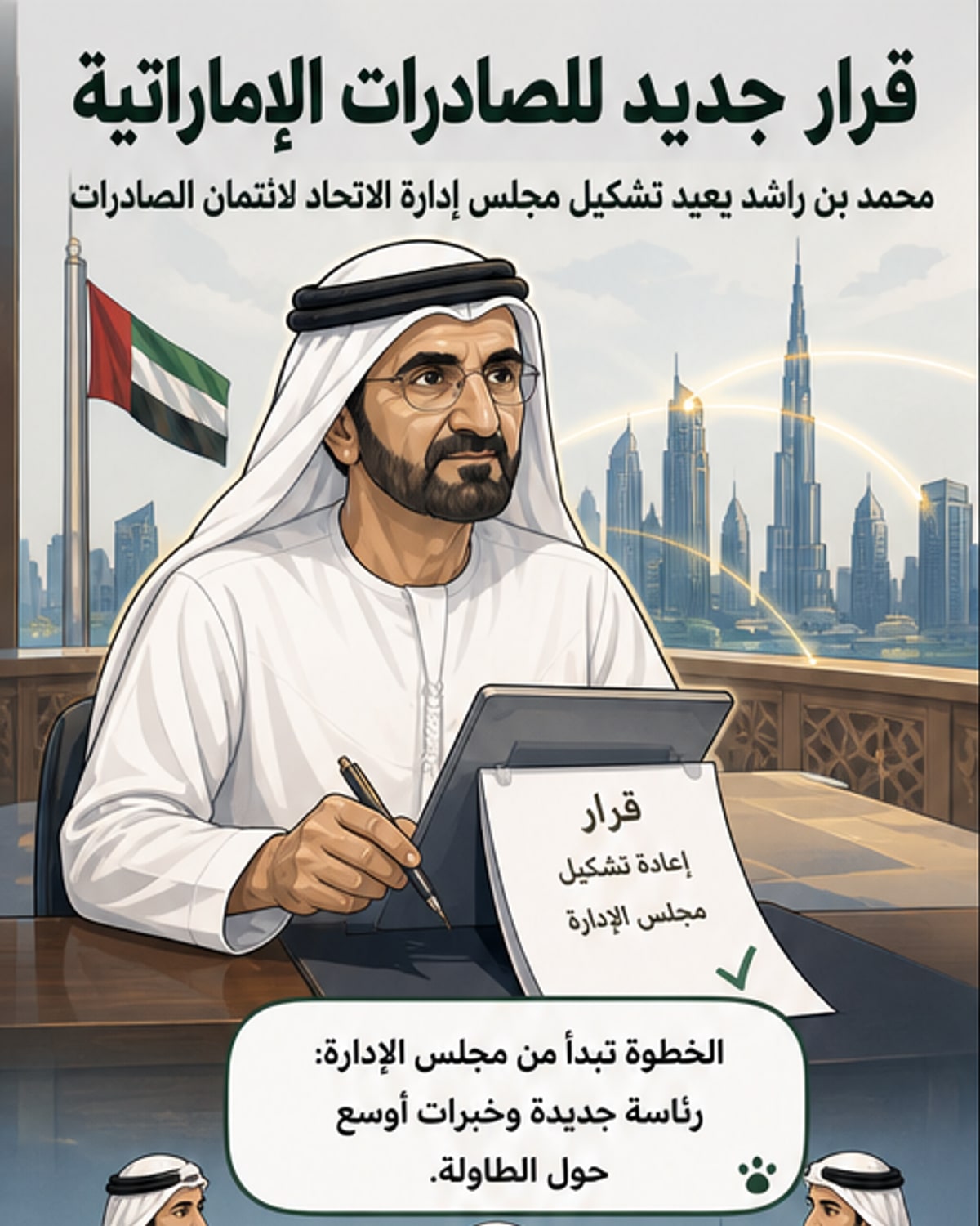 رسم توضيحي يظهر أعضاء مجلس إدارة جديدًا للاتحاد لائتمان الصادرات، بقيادة الدكتور ثاني بن أحمد الزيودي، وهم يجتمعون حول طاولة مستديرة تمثل التعاون بين الإمارات السبع لدعم الصادرات غير النفطية.