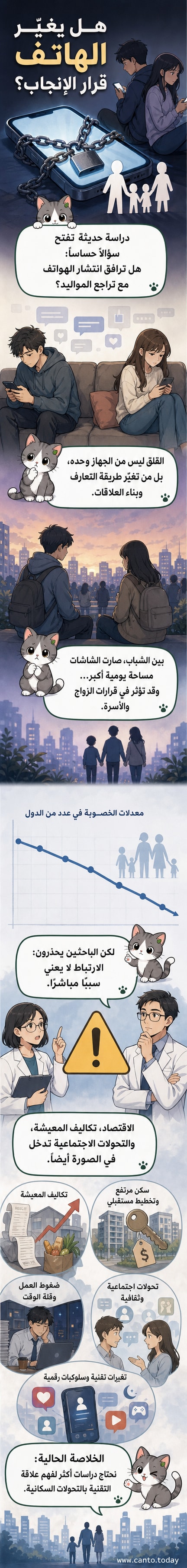 رسم توضيحي يظهر هاتفاً ذكياً بجانب رمز عائلة مصغرة، مع منحنيات تنازلية تمثل تراجع معدلات الإنجاب.