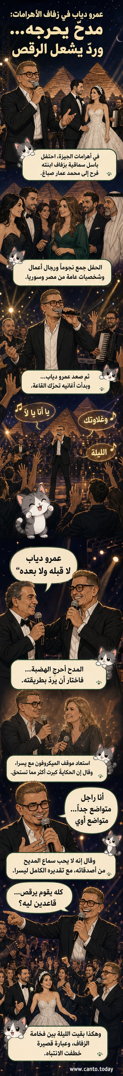 صورة جماعية من حفل زفاف أقيم عند أهرامات الجيزة، تظهر عمرو دياب وسط حضور من نجوم الفن والشخصيات العامة.