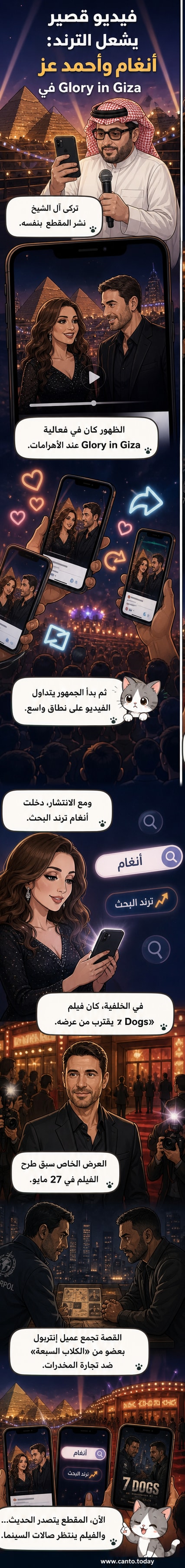 لقطة من فيديو يظهر أحمد عز وأنغام معًا في حدث بالهرم، يحيط بهما جمهور ونجوم فن