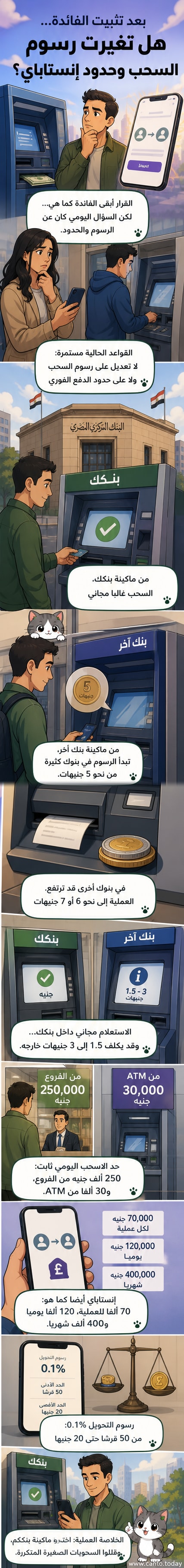 رسم توضيحي يوضح رسوم السحب من الصراف الآلي وحدود التحويل عبر تطبيق إنستاباي في مصر بعد قرار تثبيت أسعار الفائدة.