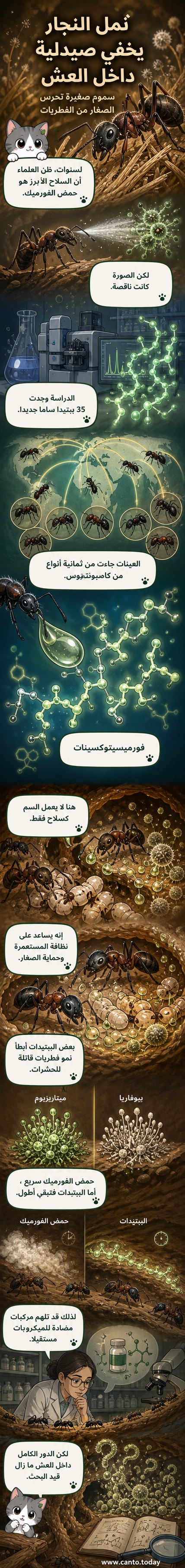 رسم توضيحي لمستعمرة نمل نجار داخل عش خشبي، تظهر فيه إفرازات كيميائية تُرش على البيوض واليرقات لحمايتها من الفطريات.