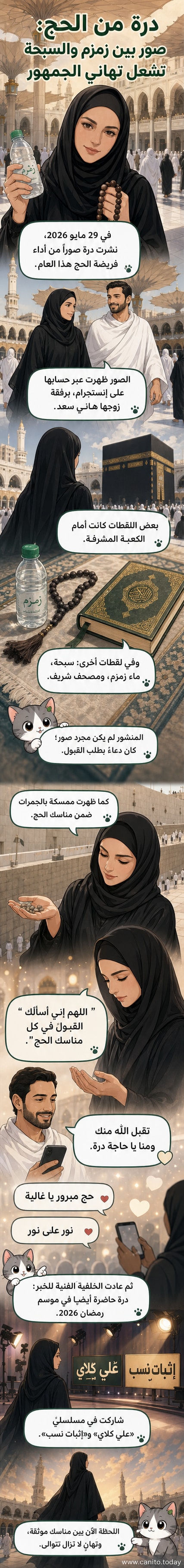 درة تقف أمام الكعبة المشرفة أثناء أداء مناسك الحج، ترتدي عبائة سوداء وحجابًا، وتحمل مسبحة في يدها.