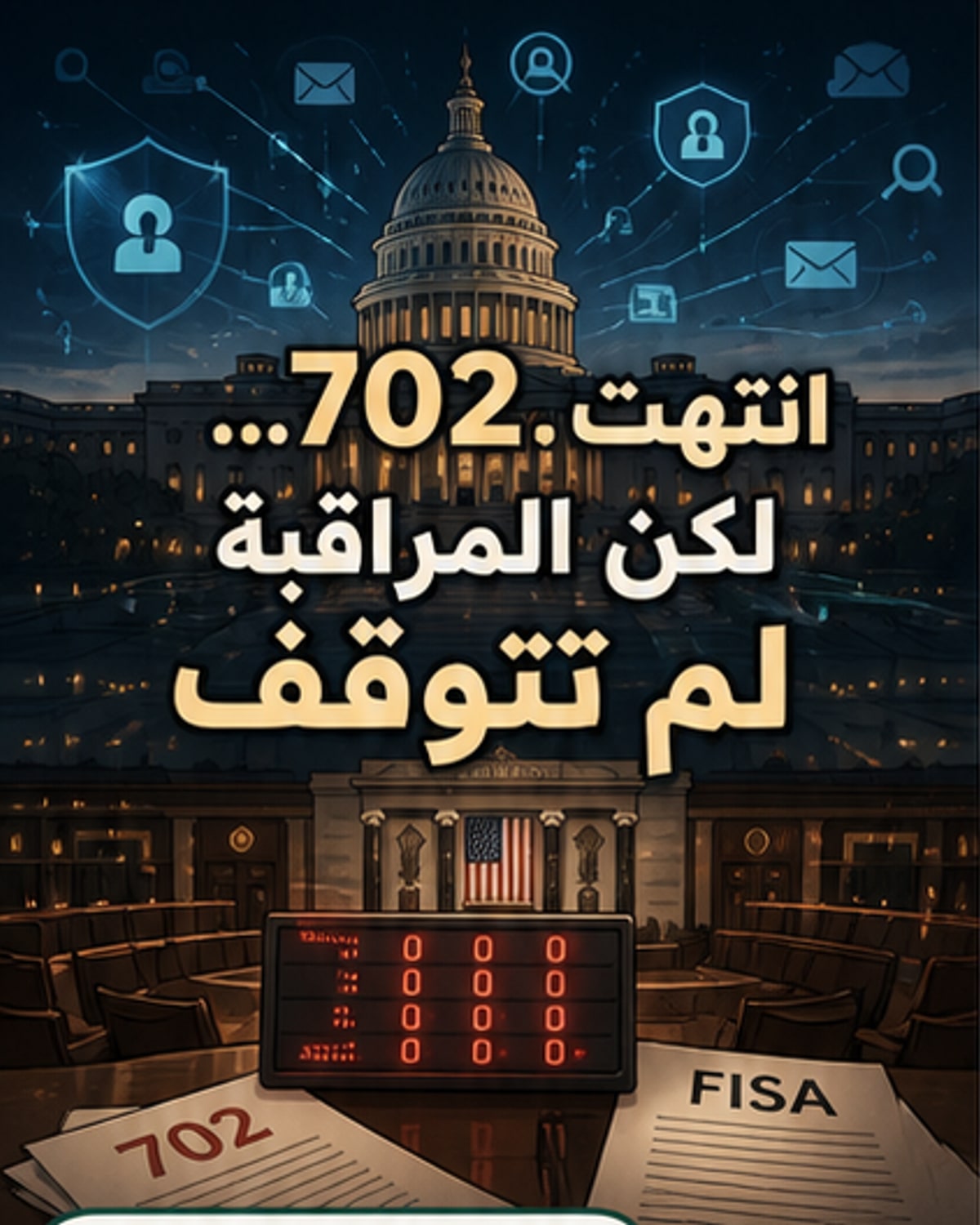 رسم توضيحي يظهر جهاز مراقبة رقمي متوقفًا أمام مبنى الكونغرس الأمريكي، مع خلفية من رموز البيانات والخصوصية