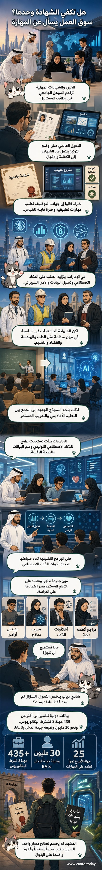 رسم توضيحي يظهر شخصاً يحمل شهادة جامعية من جهة، وشخصاً آخر يحمل شهادة مهنية وخبرة عملية من جهة ثانية، بينما تشير سهم إلى وظيفة رقمية حديثة في المنتصف.