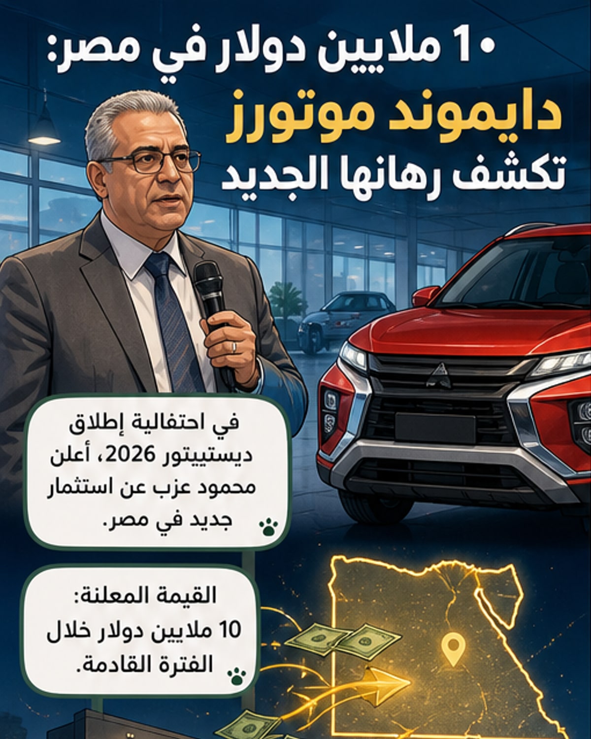 غلاف ويبتون يعرض سيارة ميتسوبيشي ديستينيتور 2026 بجانب رمز استثمار يشير إلى ضخ 10 ملايين دولار في السوق المصري من قبل دايموند موتورز