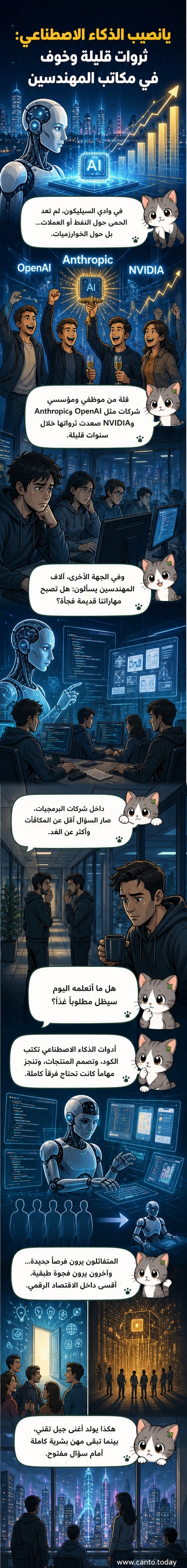 رسم توضيحي يظهر شخصاً يحمل شيكاً ضخماً من نموذج ذكاء اصطناعي، بينما يقف خلفه آخرون يحملون شارات مهندسين ووجوههم تعبر عن القلق.