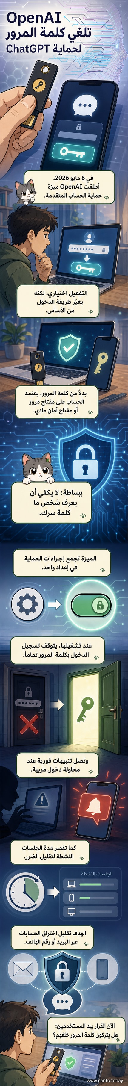 رسم توضيحي يظهر حاسوبًا مع أيقونة قفل رقمية، ويد تمد مفتاح أمان مادي نحو الشاشة، وتنبيه أمان يظهر على هاتف ذكي بجانبها.