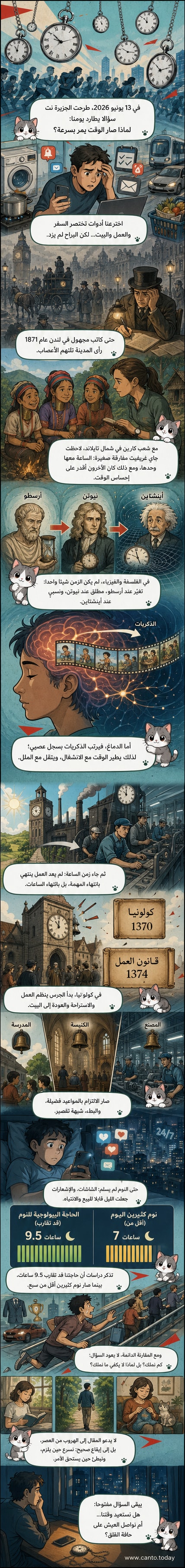 رسم توضيحي يظهر شخصًا يجري على مؤشر ساعة ضخمة، بينما يقف آخرون بهدوء تحت شجرة، في تباين بين إيقاع الحياة السريع والبطيء.