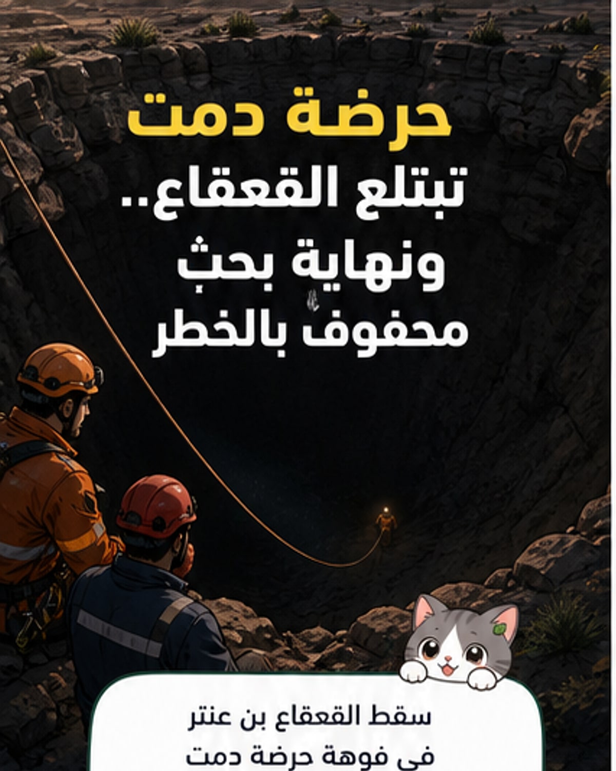 رسم توضيحي يظهر فوهة بركان حرضة دمت، مع فريق إنقاذ يبحث عن مفقود في المنطقة الصخرية، وشخصية تمثل المغامر القعقاع في لحظة السقوط.
