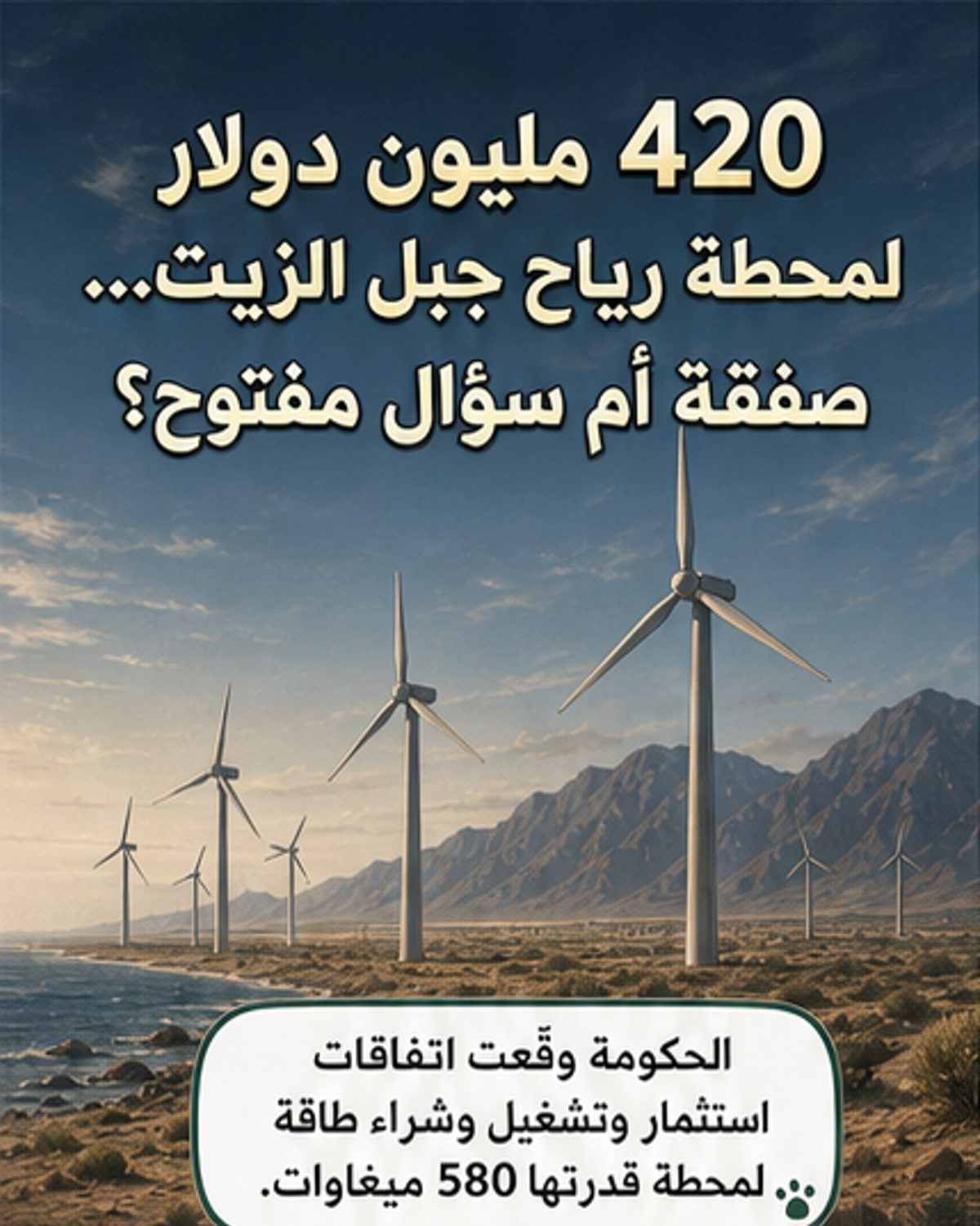 رسم توضيحي لمحطة رياح في صحراء البحر الأحمر، مع مبنى حكومي في الخلفية وعلم مصر، يرمز إلى الصفقة بين الدولة وشركة استثمار إماراتية.