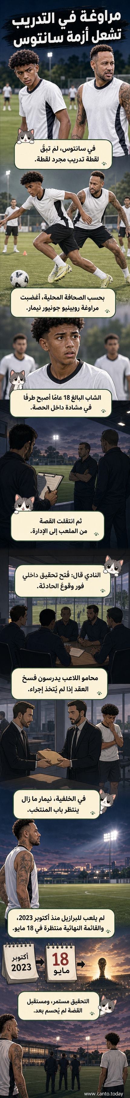 رسم توضيحي لمشادة بين لاعبين في ملعب تدريب، أحدهما يرتدي قميص سانتوس رقم 10، والآخر شاب يرتدي قميصًا شابًا برقم 77، مع مدربين في الخلفية يراقبون.