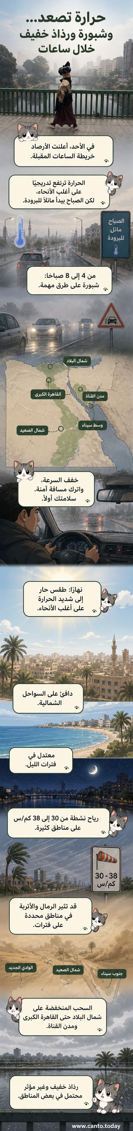 رسم توضيحي يظهر طقسًا حارًا نهارًا وشبورة صباحية وسحب منخفضة تُنتج رذاذًا خفيفًا فوق مناطق متفرقة من مصر، مع رياح مثيرة للرمال في الصعيد وسيناء.