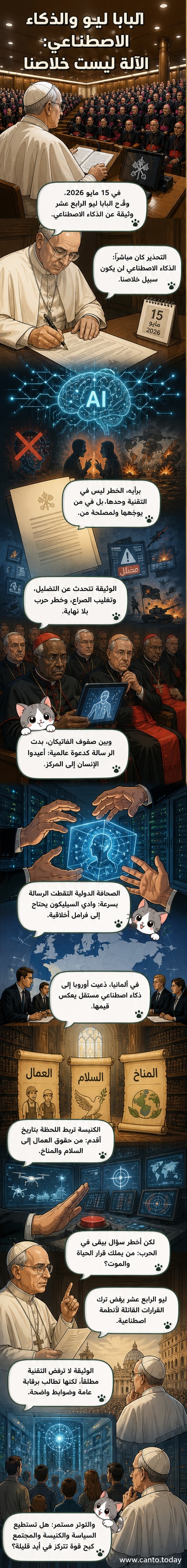 صورة توضيحية لبابا الفاتيكان يتحدث أمام خلفية رقمية تمثل الشبكات العصبية والذكاء الاصطناعي، مع رموز دينية وتكنولوجية متداخلة.