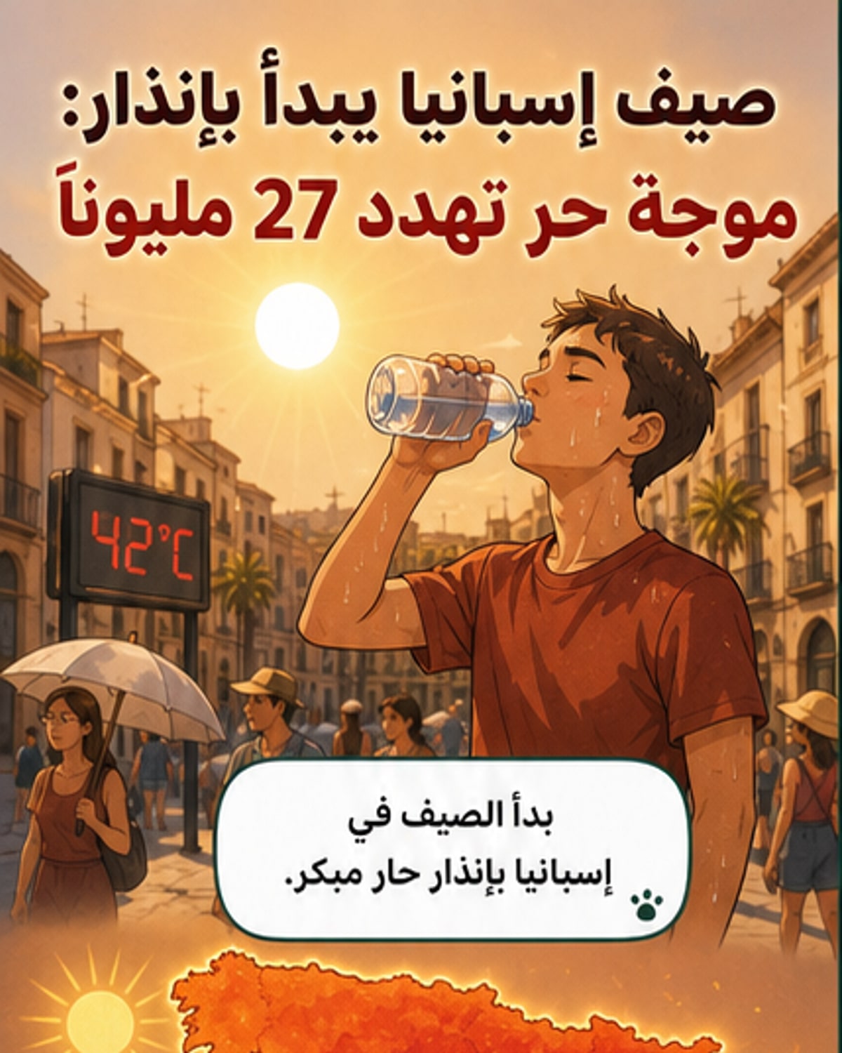 رسم توضيحي يظهر خريطة لإسبانيا مع درجات حرارة مرتفعة تغطي معظم المناطق، وشخص يحمل مظلة في الشارع تحت شمس حارقة.