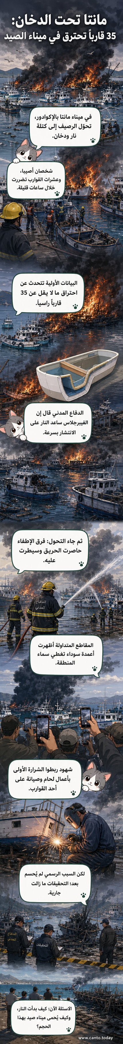 مشهد حريق ضخم في ميناء مانتا بالإكوادور، مع تصاعد أعمدة دخان أسود كثيف فوق رصيف مليء بالسفن المحترقة.