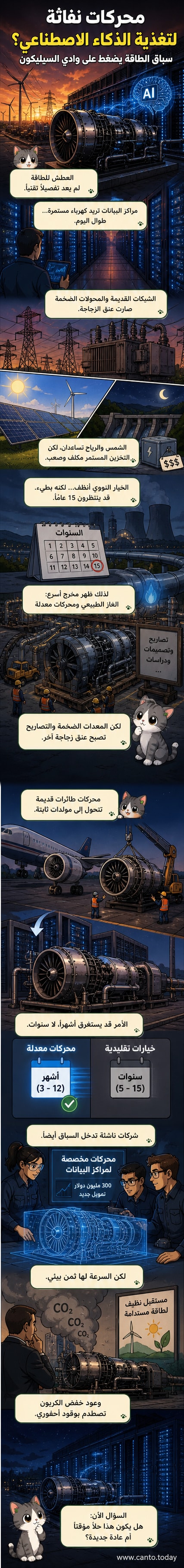 رسم توضيحي لمحرك طائرة نفاثة مثبت بجانب مركز بيانات ضخم، مع خطوط طاقة تربط بينهما، في بيئة صناعية خارج شبكة الكهرباء الرئيسية.